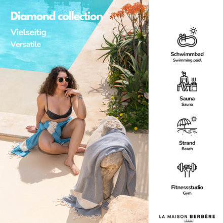 Frau sitzt am Pool mit einer türkisfarbenen und einer grauen Diamond-Fouta
