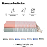 Produktübersicht der Honeycomb-Foutas in Lachsrosa und Salbeigrün