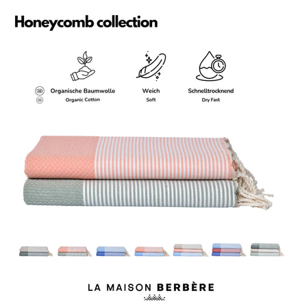 Produktübersicht der Honeycomb-Foutas in Lachsrosa und Salbeigrün
